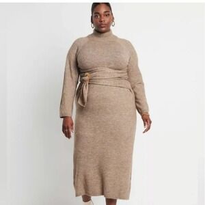 ELOQII Turtleneck Knit Maxi Dress Wrap Belt Slit Beige Women's Plus Size